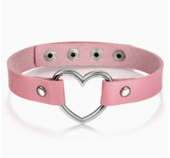 Adjustable Leather Choker Necklace with Heart Charm - Punk Emo Collar
