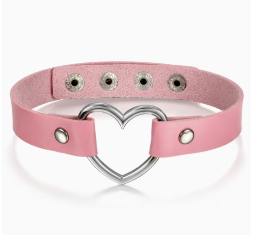 Adjustable Leather Choker Necklace with Heart Charm - Punk Emo Collar