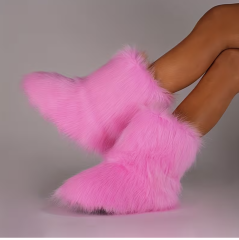 Long-Hair Mid-Calf Platform Boots – Flannel-Lined, Thick Sole, Slip-On, Warm Winter Fashion
