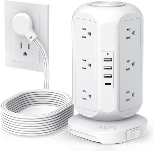 Tower Power Strip – 12 Outlets & 4 USB (1 USB-C) Surge Protector with 10ft Cord