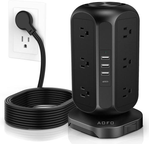 Tower Power Strip – 12 Outlets & 4 USB (1 USB-C) Surge Protector with 10ft Cord