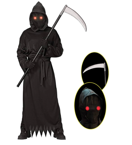 Grim Reaper Halloween Costume with Glowing Red Eyes for Kids, Scythe Included(X-Large)
