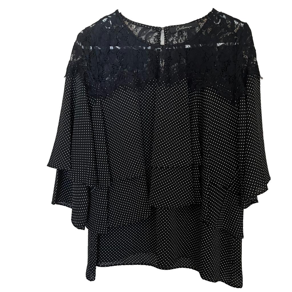 Women’s L Black Lace Polka Dot Top Tiered Ruffle Artsy Flowy Romantic Feminine