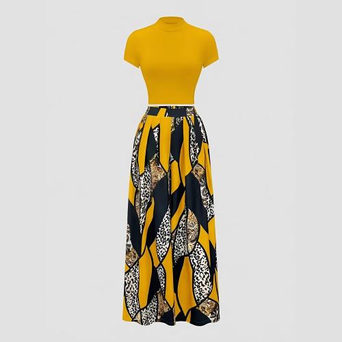 European And American-style Short-sleeve Slim-fit T-shirt And Elastic-waist Printed Wide-leg Pants Two-piece Set