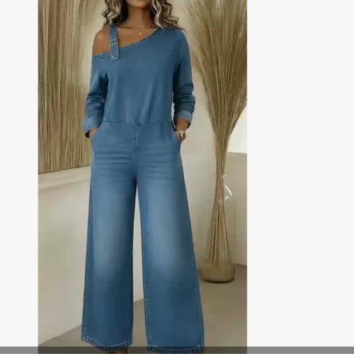 Printed Denim Off-shoulder Zippered-pocket Jumpsuit
