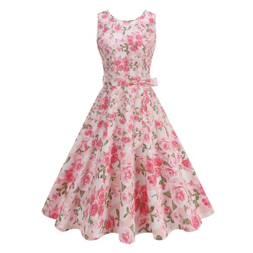 Retro Elegant Waist-tied Sleeveless Big Swing Printed Dress Summer New
