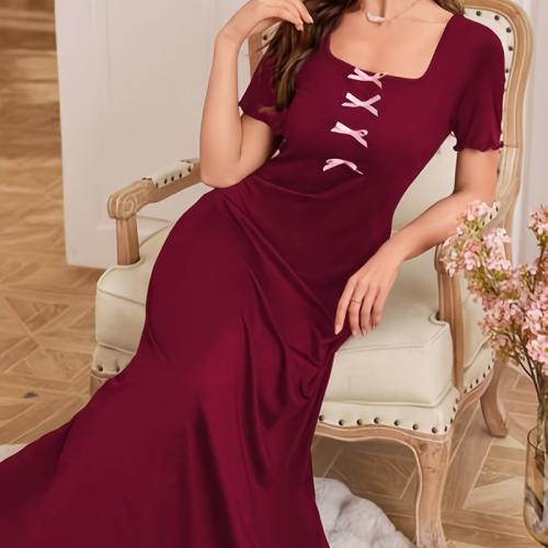 Women's Solid Color Long Elegant Bow-decorated Nightgown Pajamas