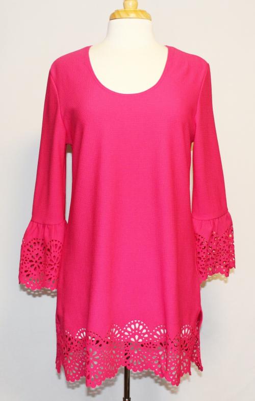 HSN Slinky Brand Azalea Pink Flounce Sleeve Tunic Top with Laser Cut Trim NWT