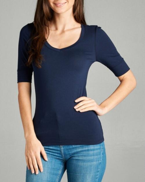 Women Basic V-NECK Elbow SHORT Sleeve T Shirt Top Cotton Stretch REG N PLUS S-3X