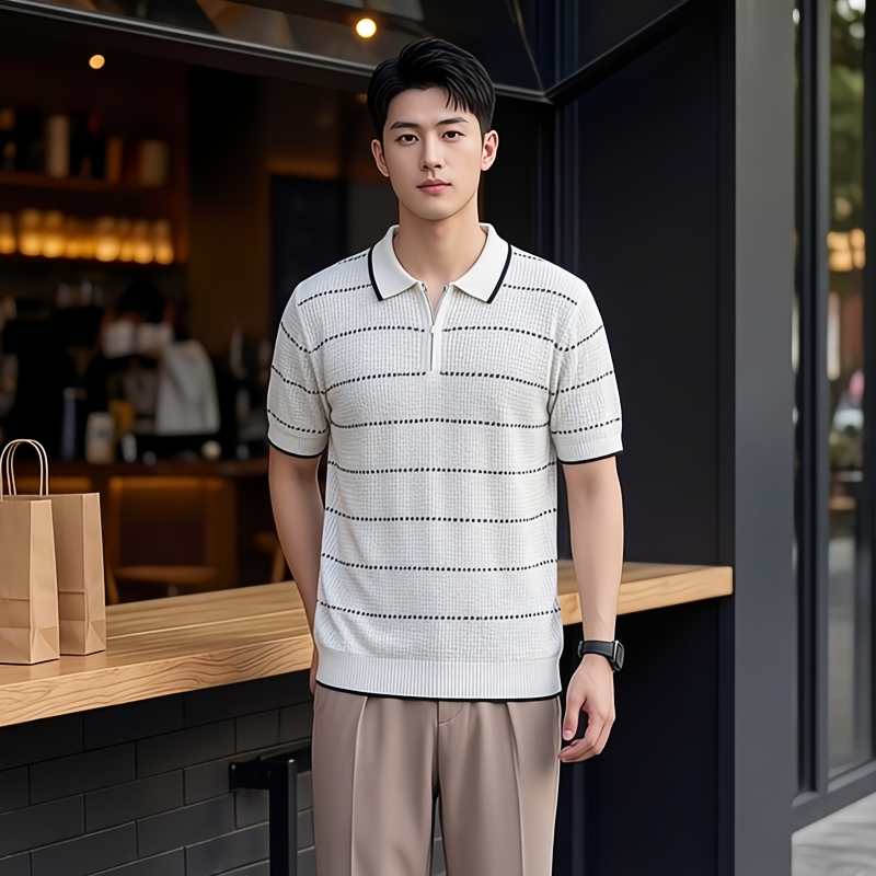 Old Money Style Men's Striped Ice Silk Knit Polo Shirt, Summer Lapel Breathable Polo Top, Casual…