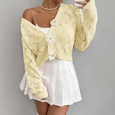 Elegant Solid-color Hollow-out Knit Cardigan For Europe And America