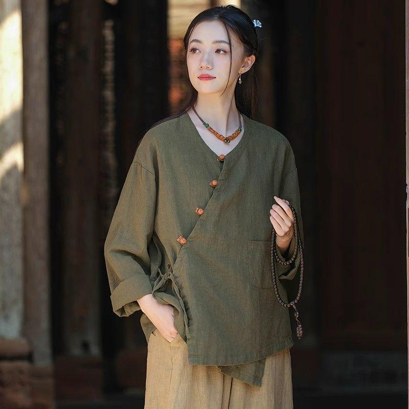 SpringSummer Travel Photography Lace-Up Jacket Short Cotton-Linen Cardigan