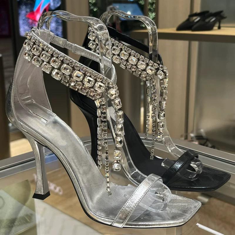 女性用チャンキーヒールシルバーストーン装飾ストラップオープントゥサンダル