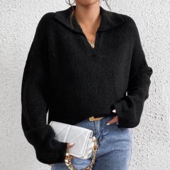 Fashionable Long-Sleeve Lapel Pullover Sweater Womens Knitted Top