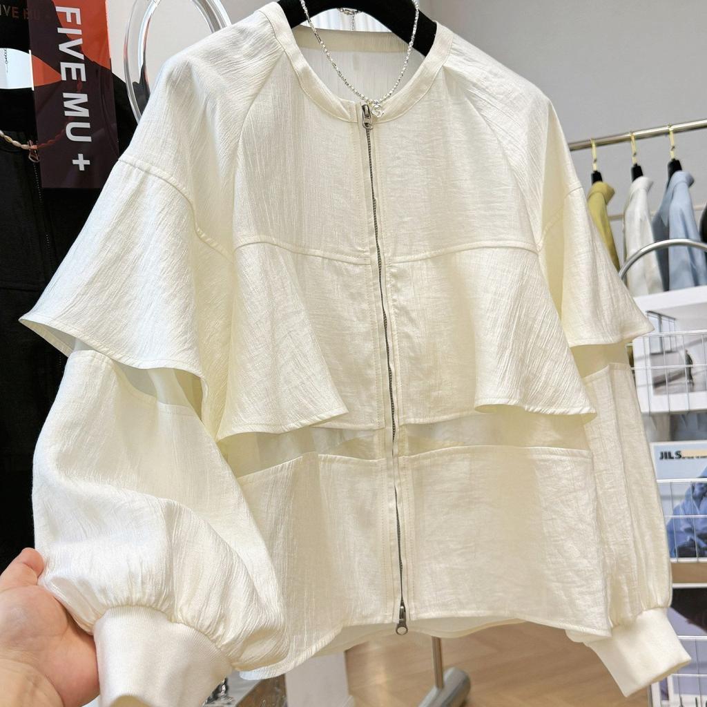 Ruffled Lace-Panel Short Jacket For Women Lightweight Style