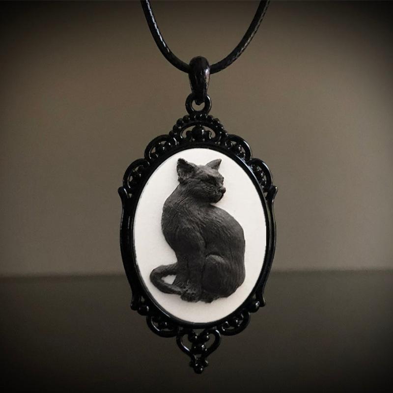 Gothic Black Cat Cameo Charm Necklace