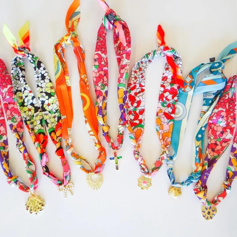 Silk Scarf Necklace Pendant With Color-printed Fabric Pattern
