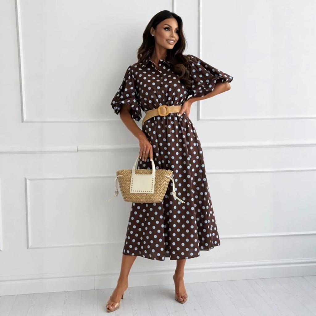 Womens Polka-dot Midi Dress With Three-quarter Sleeves