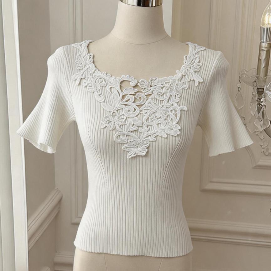 Womens Pure V-neck Knitted Top With Lace Paneling