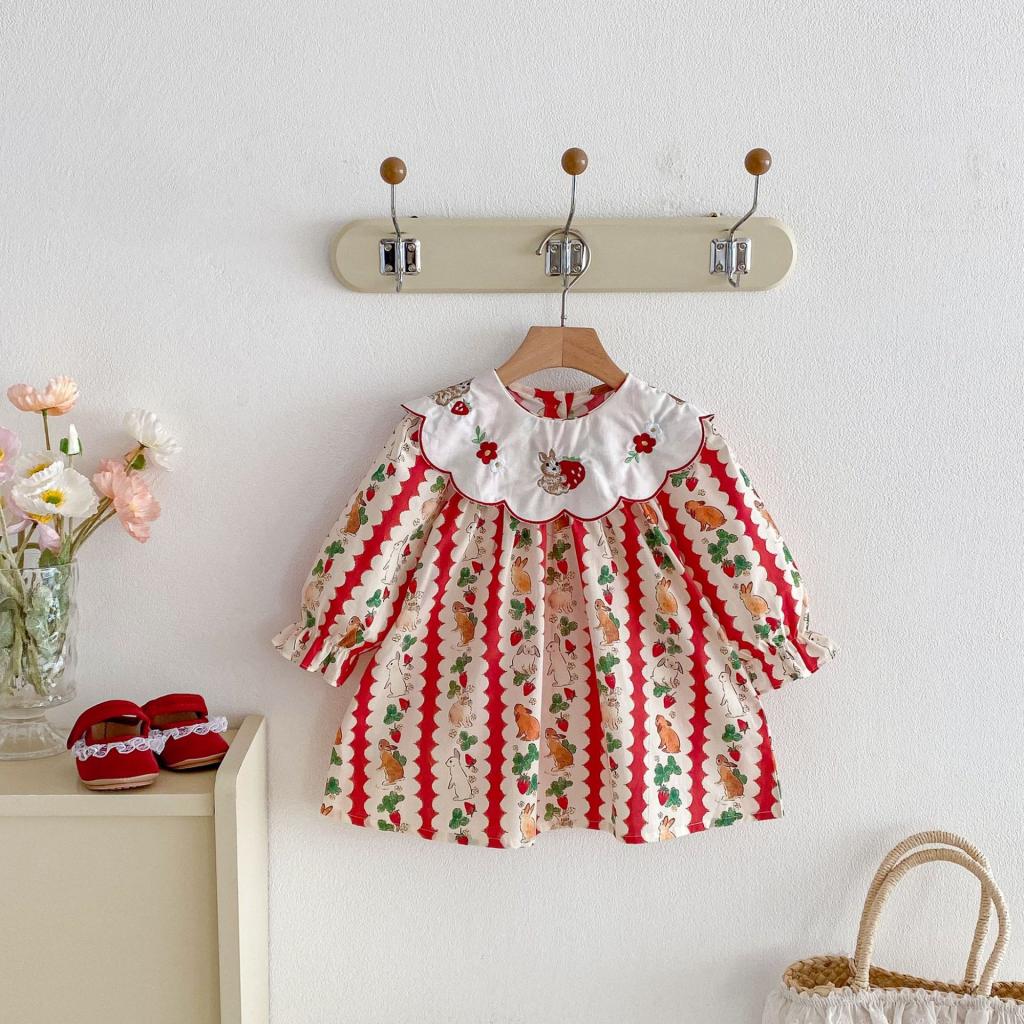 Turn-Neck Bunny Embroidery Autumn Long-Sleeve Sweet Princess Dress