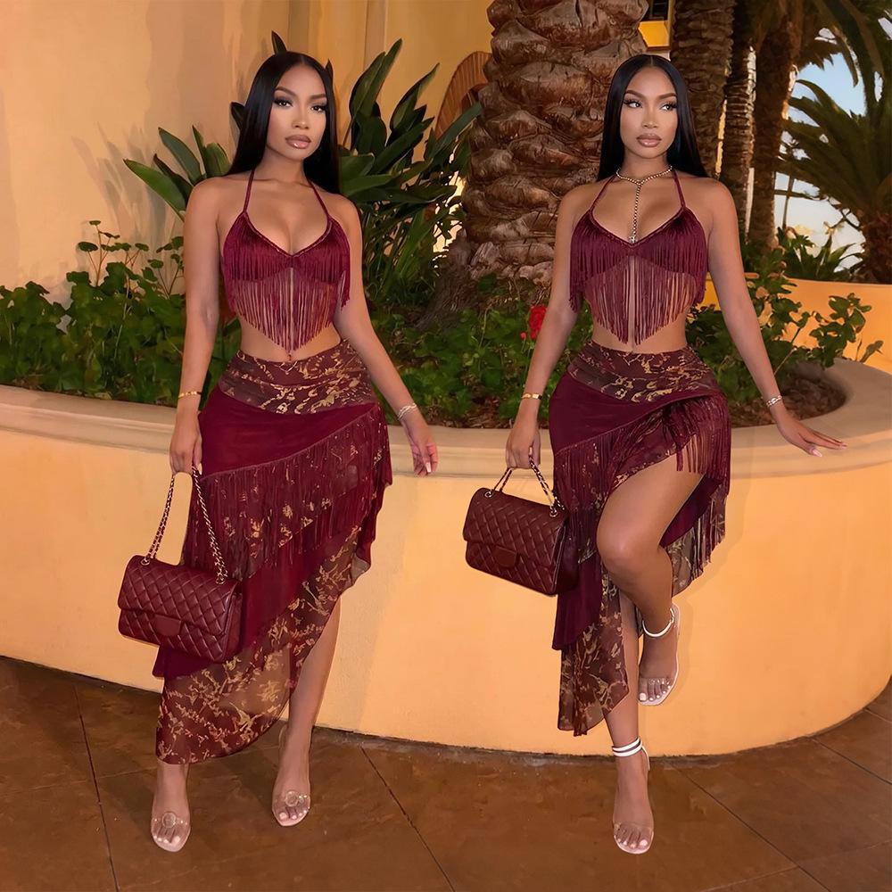 Fashionable Patchwork-print Top And Asymmetrical Skirt Set
