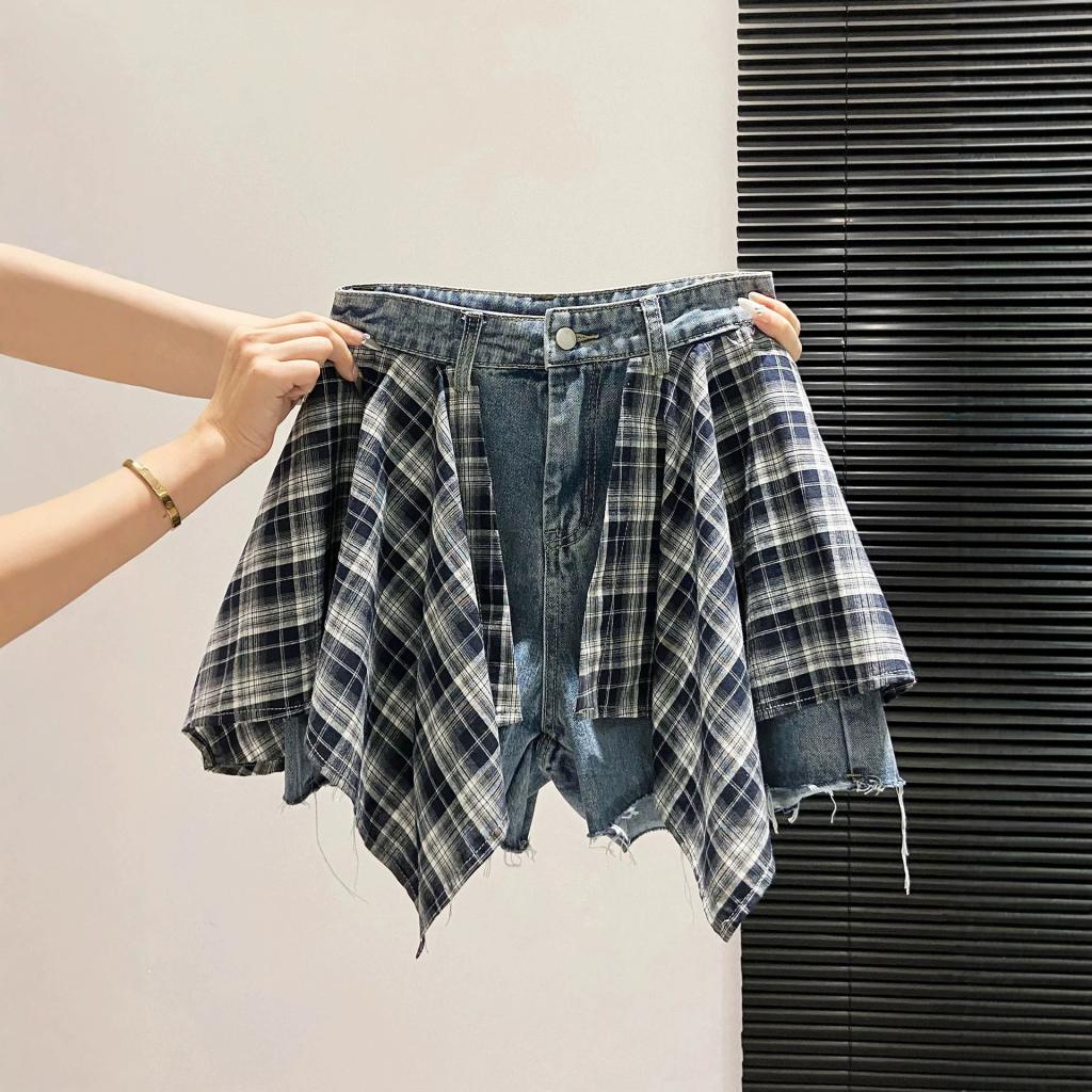 Plaid Patchwork Denim Shorts For Women