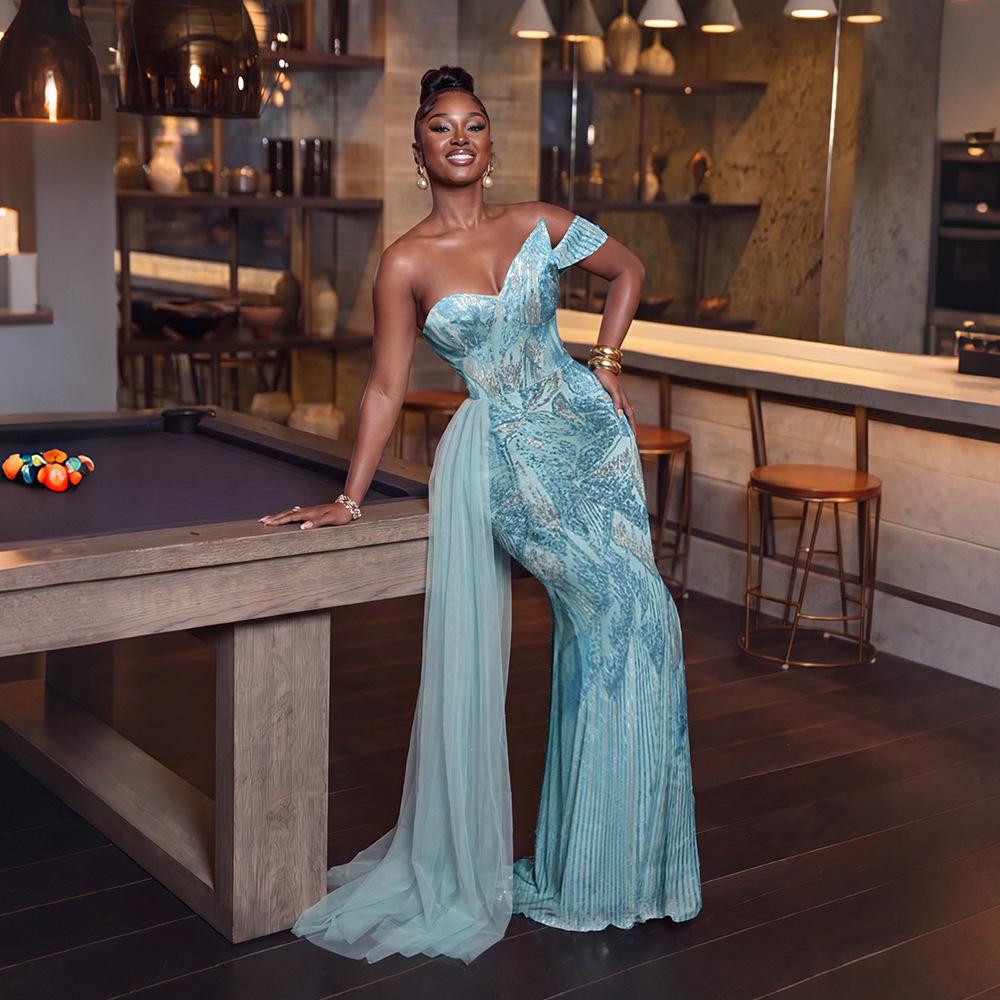 Fashionable Beaded Off-shoulder Dress With Flowing Ribbons