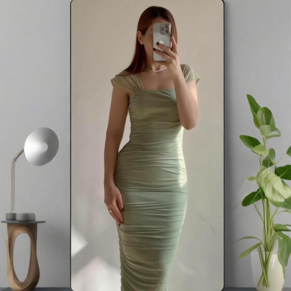 レディース スリムフィット ウエストマーク セクシー プリーツ ボディコンドレス