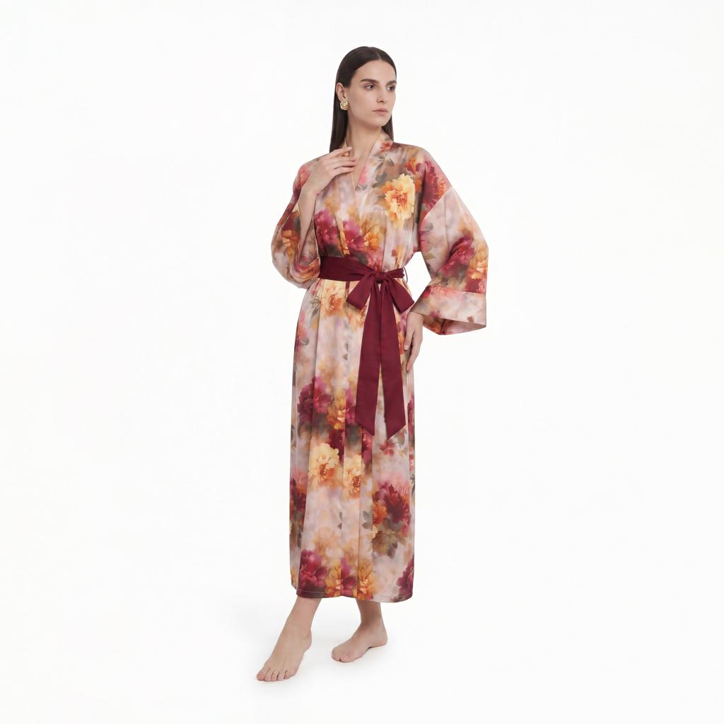 Womens Loose-Fitting Satin Nightgown With Floral Print