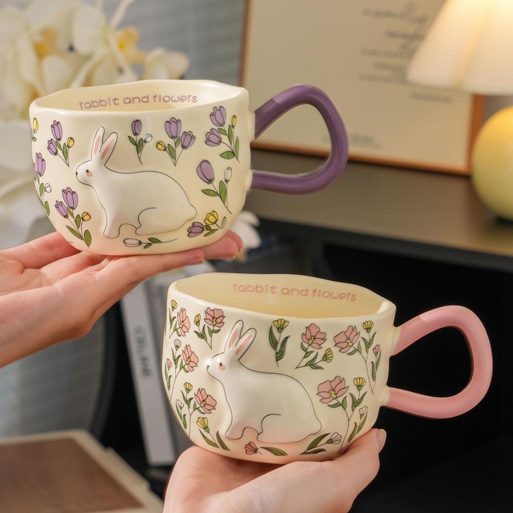 Relief-carved Rabbit Spirit Ceramic Mug With Floral Design