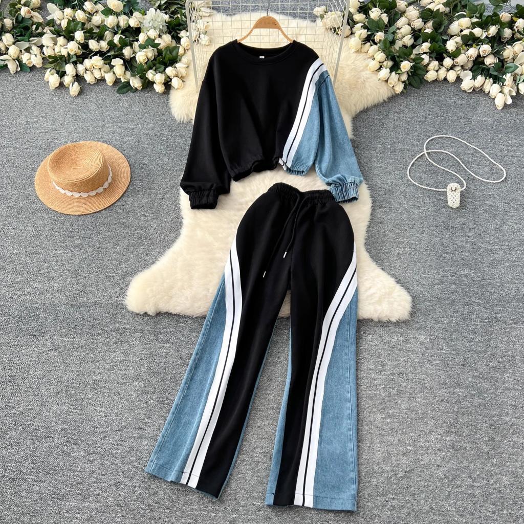Color-block Hoodie High-waisted Denim Patchwork Wide-leg Pants Two-piece Set