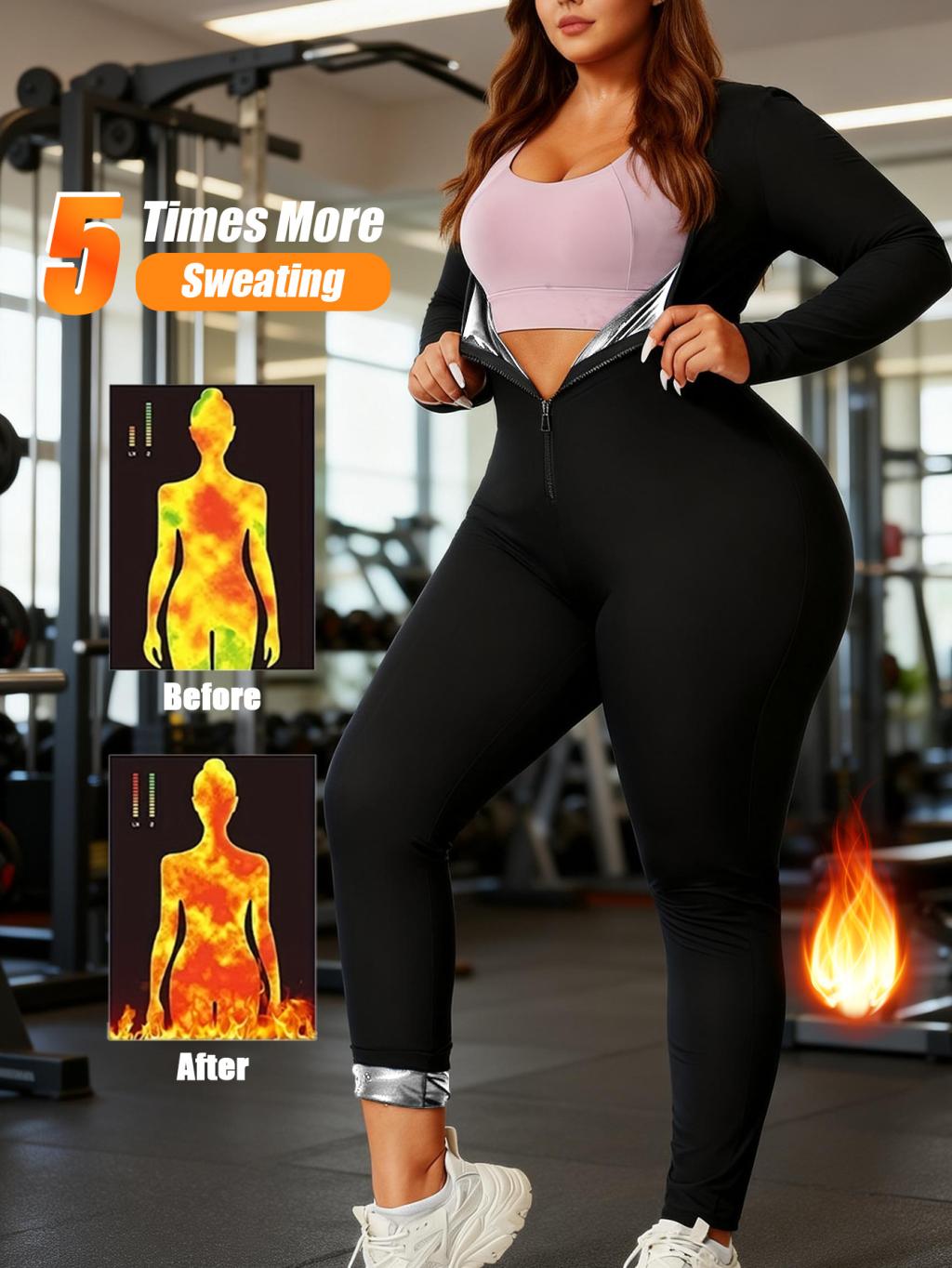 Plus Size Women Sauna Suit Slimming Full Body Compression Workout Jumpsuit Long Sleeve Waist Trai…