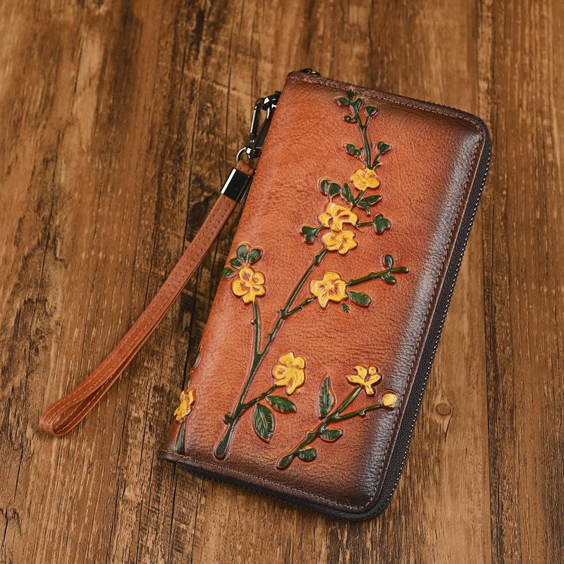 Genuine Leather Women's Long Wallet - Vintage Embossed Clutch Purse with Card Slots - European St…