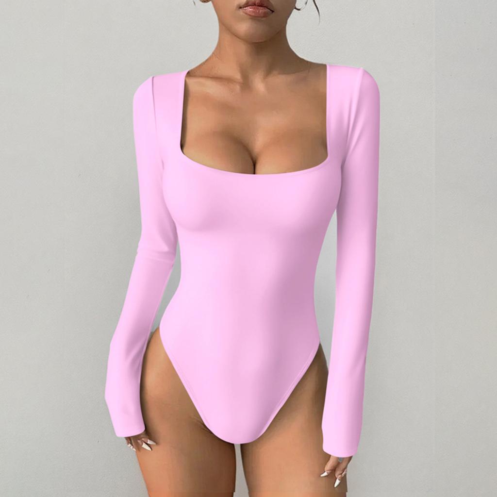 Women Square Neck Long Sleeve One-Piece Yoga Bodysuit Stretchy Tight Integrated Jumpsuit Fitness…