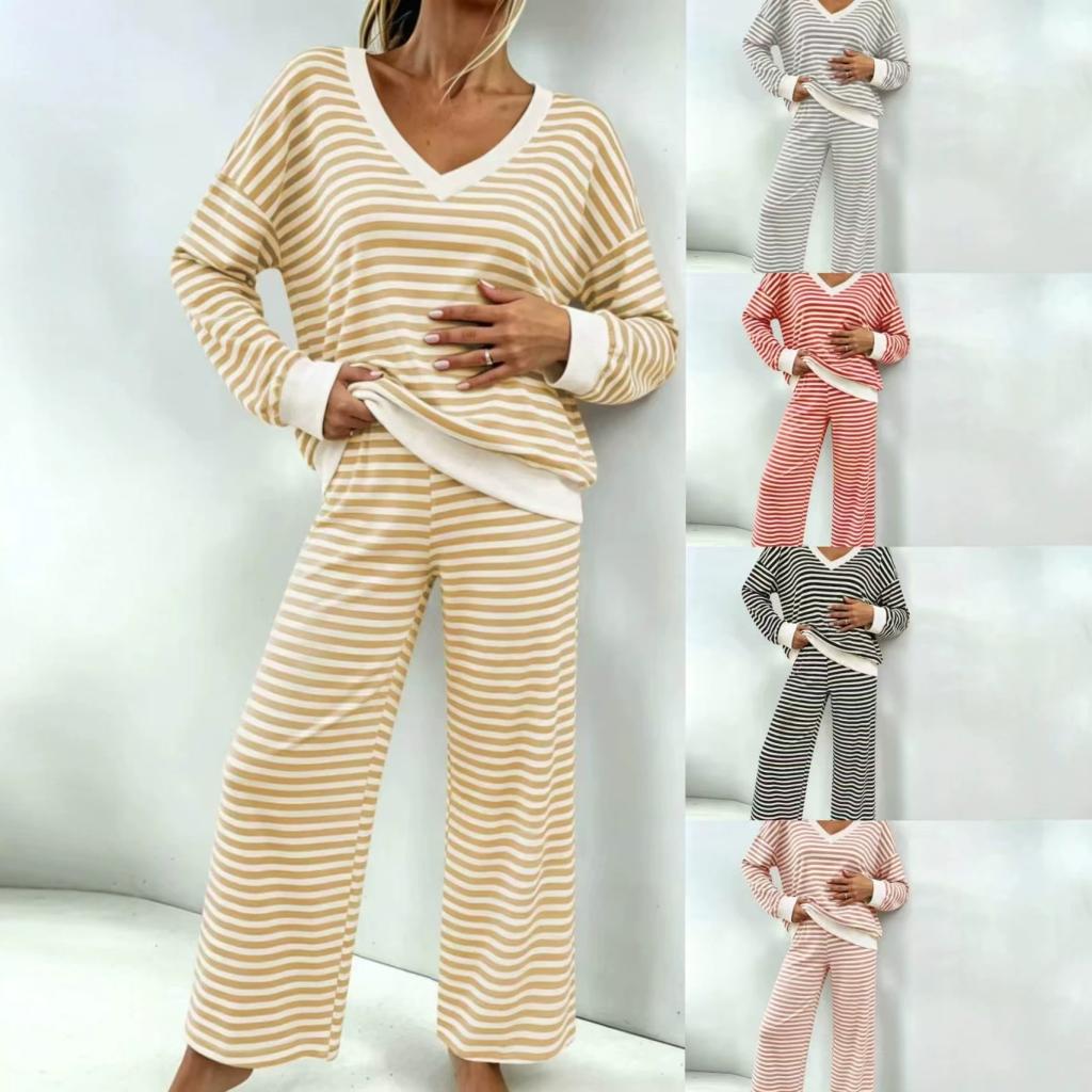 Women Casual Horizontal Striped Loungewear Pajama Set, V-Neck Long Sleeve Loose Pullover Tops Hig…