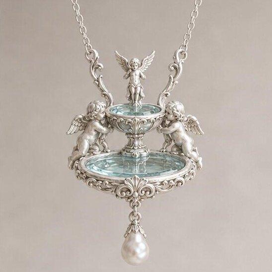 Vintage Angel Relief Necklace With Wish Fountain Design