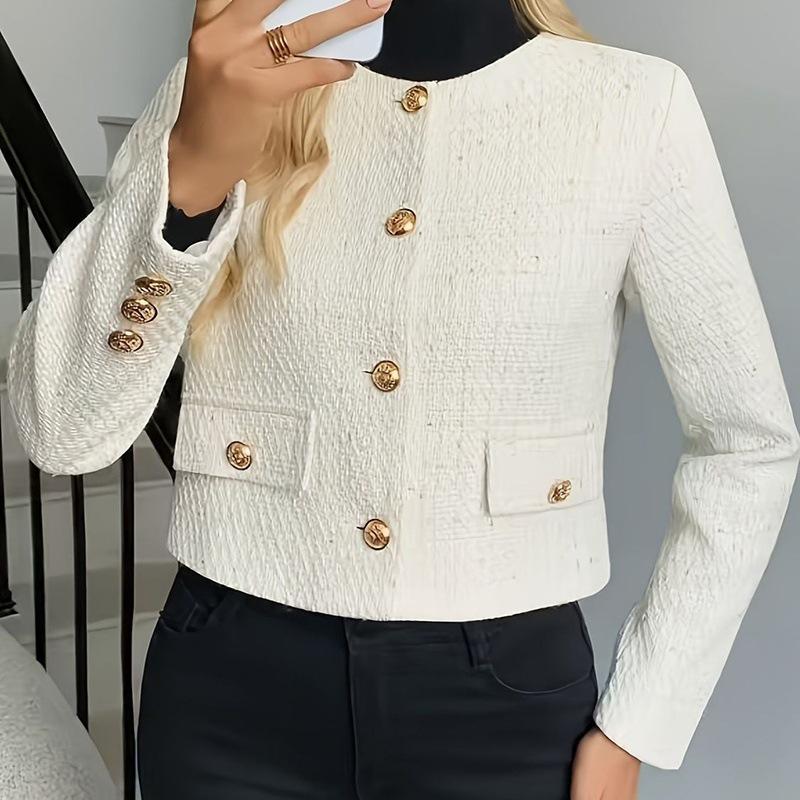 Korean-style Off-white Crew-neck Cropped Coat Button-front Top