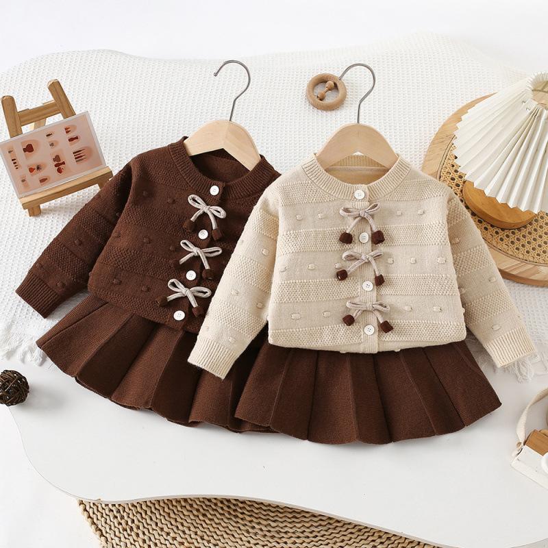 Girls Bow-Knot Beaded Sweater And Skirt Two-Piece Set