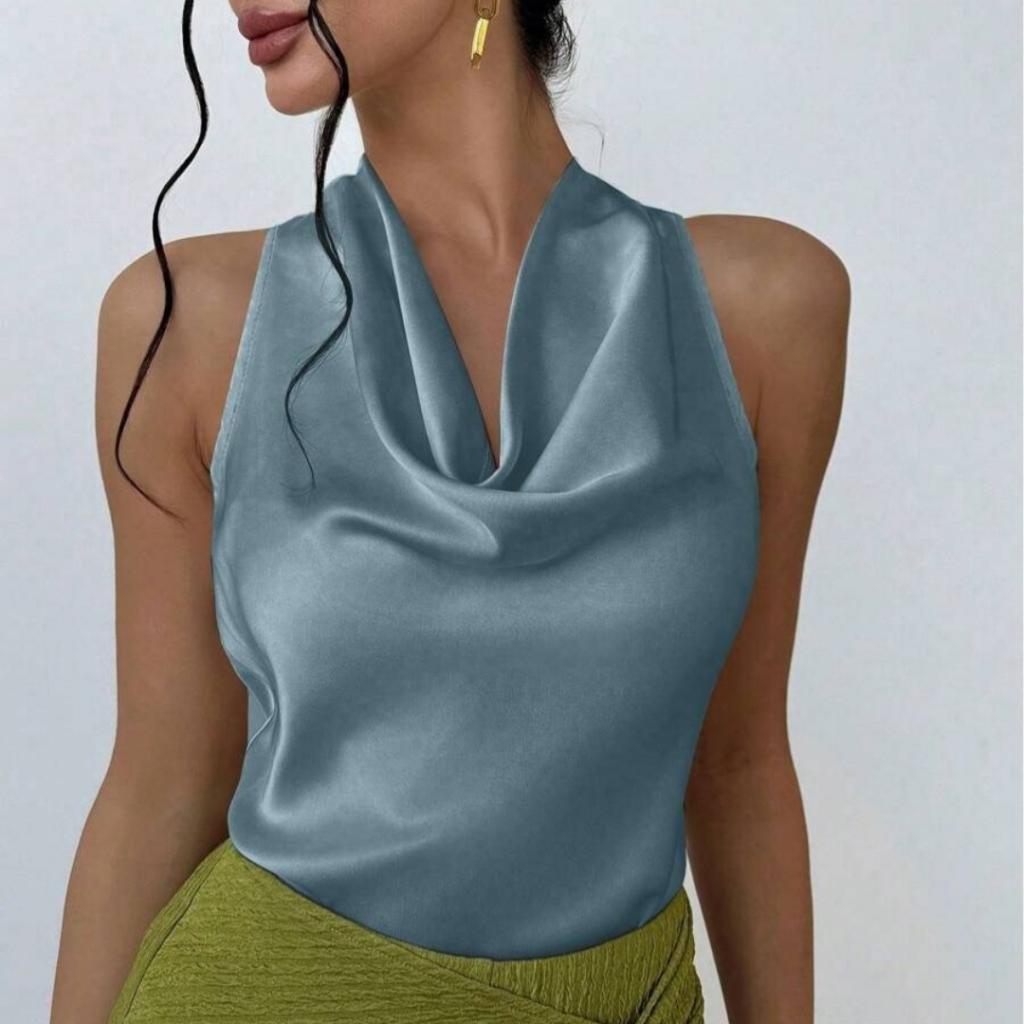 Womens Solid-color Sleeveless Satin Blouse