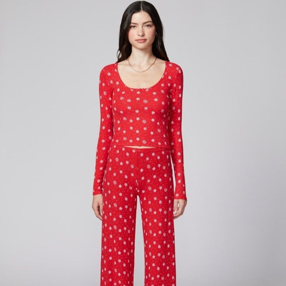 Bow-knot Floral-print Long-sleeve Pants Two-piece Loungewear Set