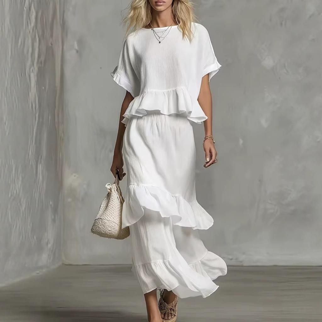 Womens Ruffled-top Blouse And Skirt Two-piece Set