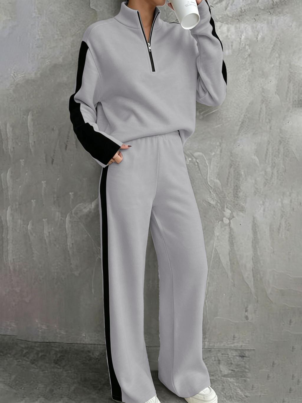 Autumn Winter Women Fashion Casual Color Block Half-Zip Mock Neck Pullover Sweatshirt Sweatpants…