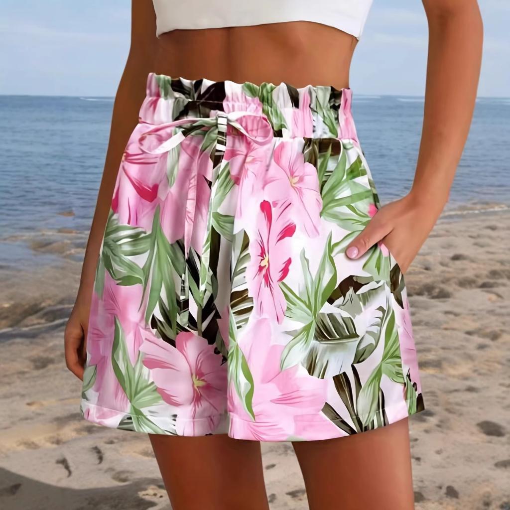 Casual Stylish High-waisted Floral-print Shorts For Leisure And Outdoor Wear