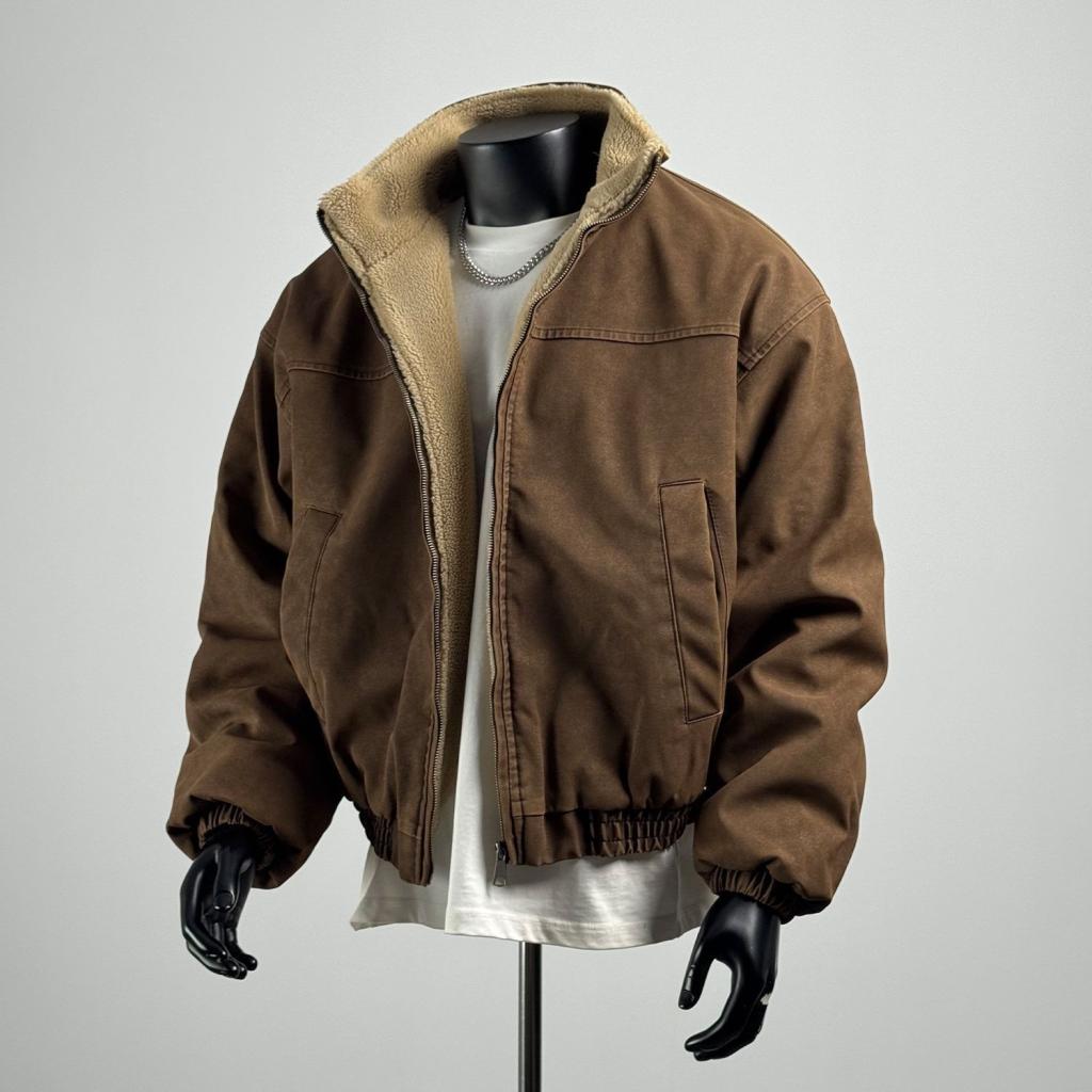 Mens Lamb-wool Stand-collar Cotton-padded Coat