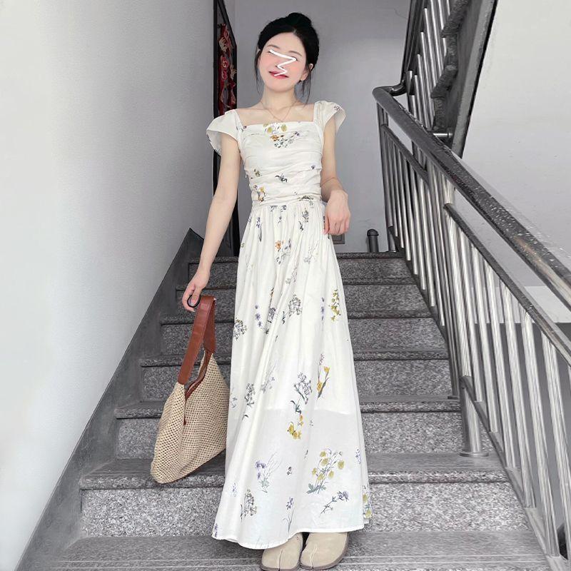 Sweet-girl Puff-sleeve Floral-print Square-neck Dress