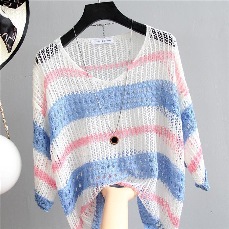 Womens Hollow-Out Loose Striped V-Neck Pullover Top