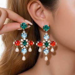 Colorful Gemstone Cross Earrings With Diamonds And Pearls, Silver Studs, Light Luxury, High-End F…