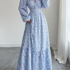 Drawstring Square-neck Printed Loose-fitting Maxi Dress