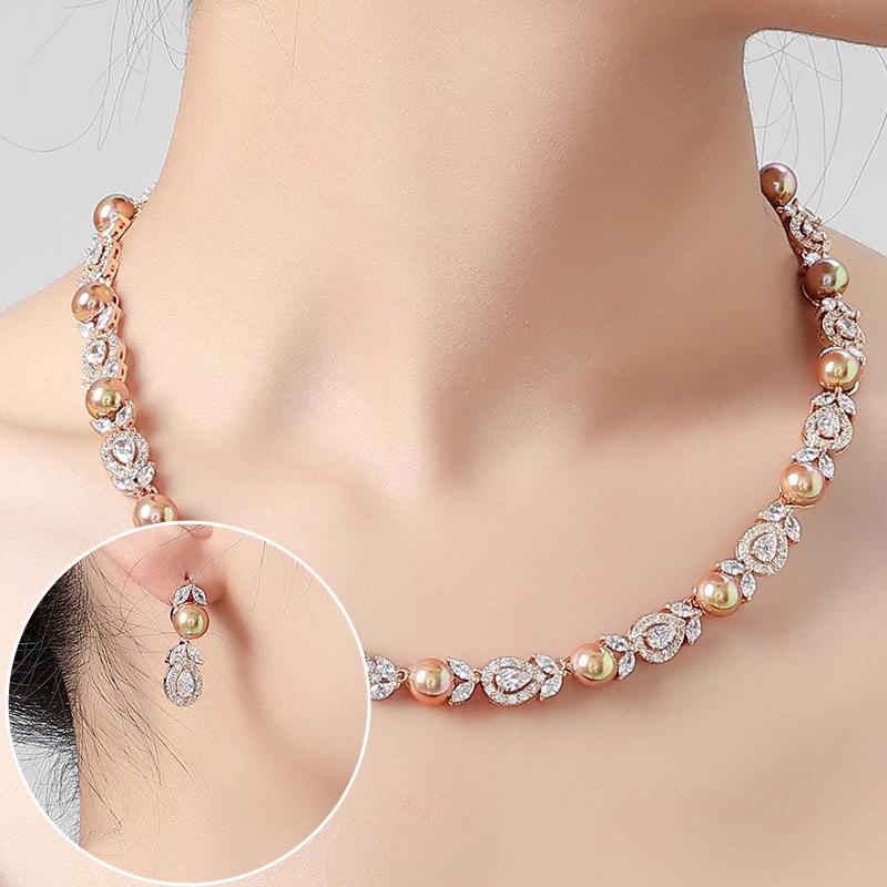 Korean Wedding Luxury Pearl Necklace Earrings Suit Full Diamond AAA Zircon Banquet Exquisite Acce…