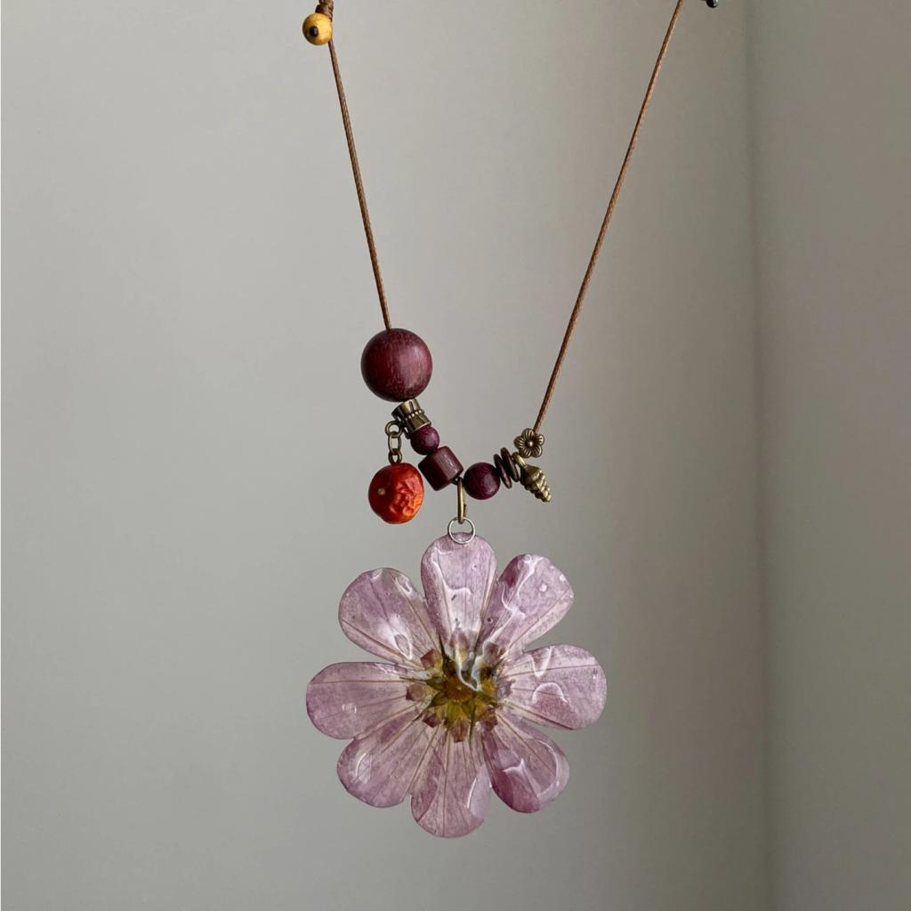 Purple Potentilla Dry Flower Pendant Long Necklace